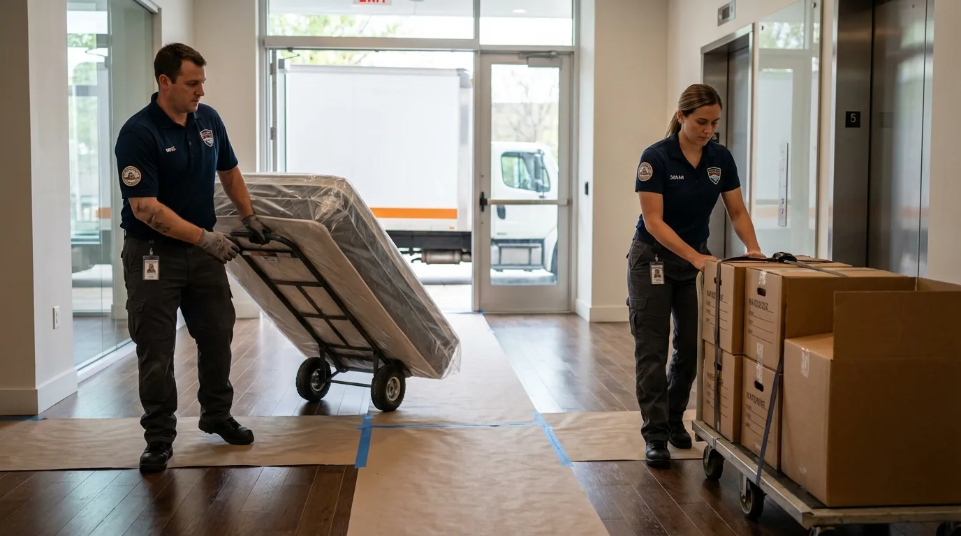 Professional apartment movers loading elevator in Locust Valley, NY