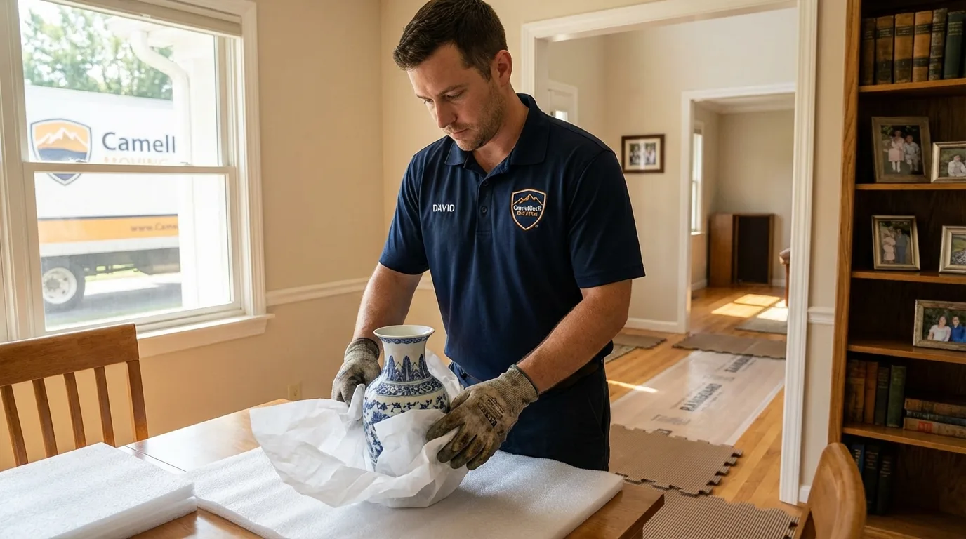 Professional crew carefully wrapping antique vase for senior downsizing move in Locust Valley, NY