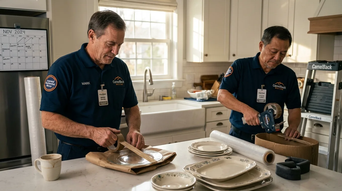 Professional crew packing kitchen dishware in Locust Valley, NY